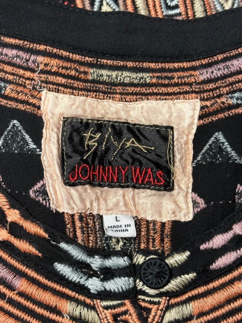 Johnny Was Effy Black Rayon Challis Heavily Embroidered Boho Maxi Dress Sz Large - Picture 8 of 9